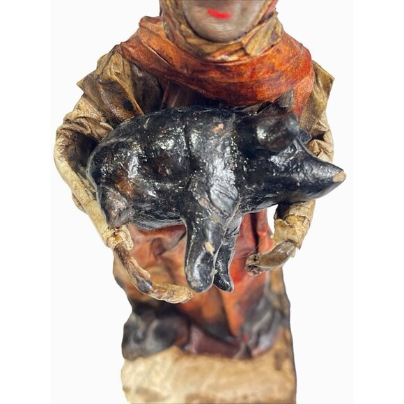 Vintage Paper Mache Old Lady Carrying a Pig Statue Figurine Wood Base 6.5 in H - Picture 5 of 8